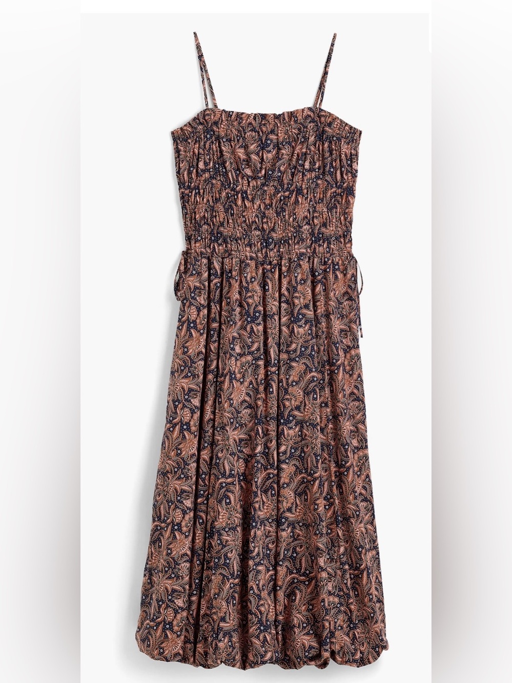 Madewell Paisley Smocked Bubble-Hem Midi Dress 10 NWT Navy Rust Boho Cottagecore